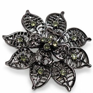 Vintage Gunmetal Floral Brooch Green Crystal Flower Statement Pin Whimsigoth